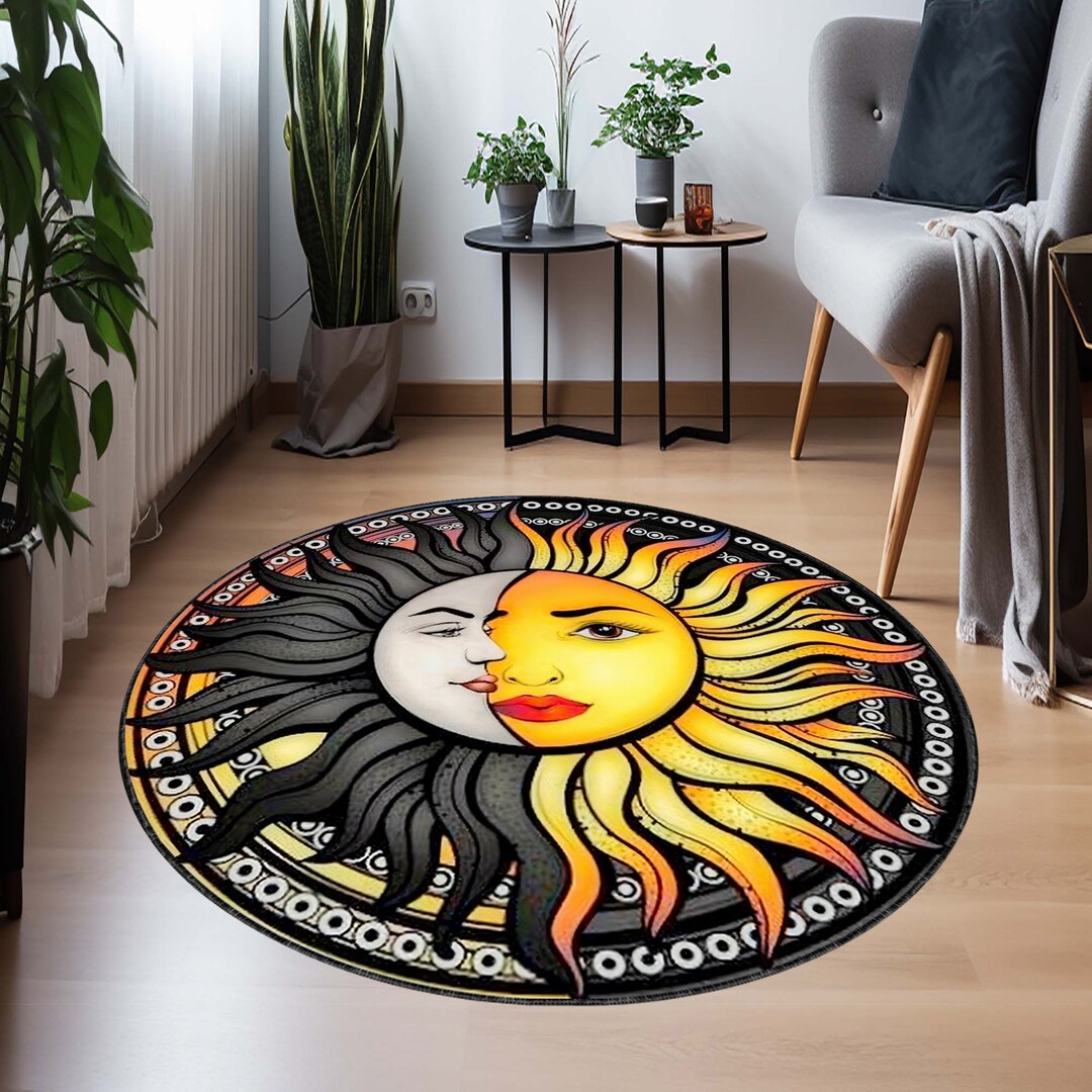 Yellow Moon Rug Sun and Moon Rug, Yellow Decor Rug, Round Decor Rug, Bathmat Rug ...