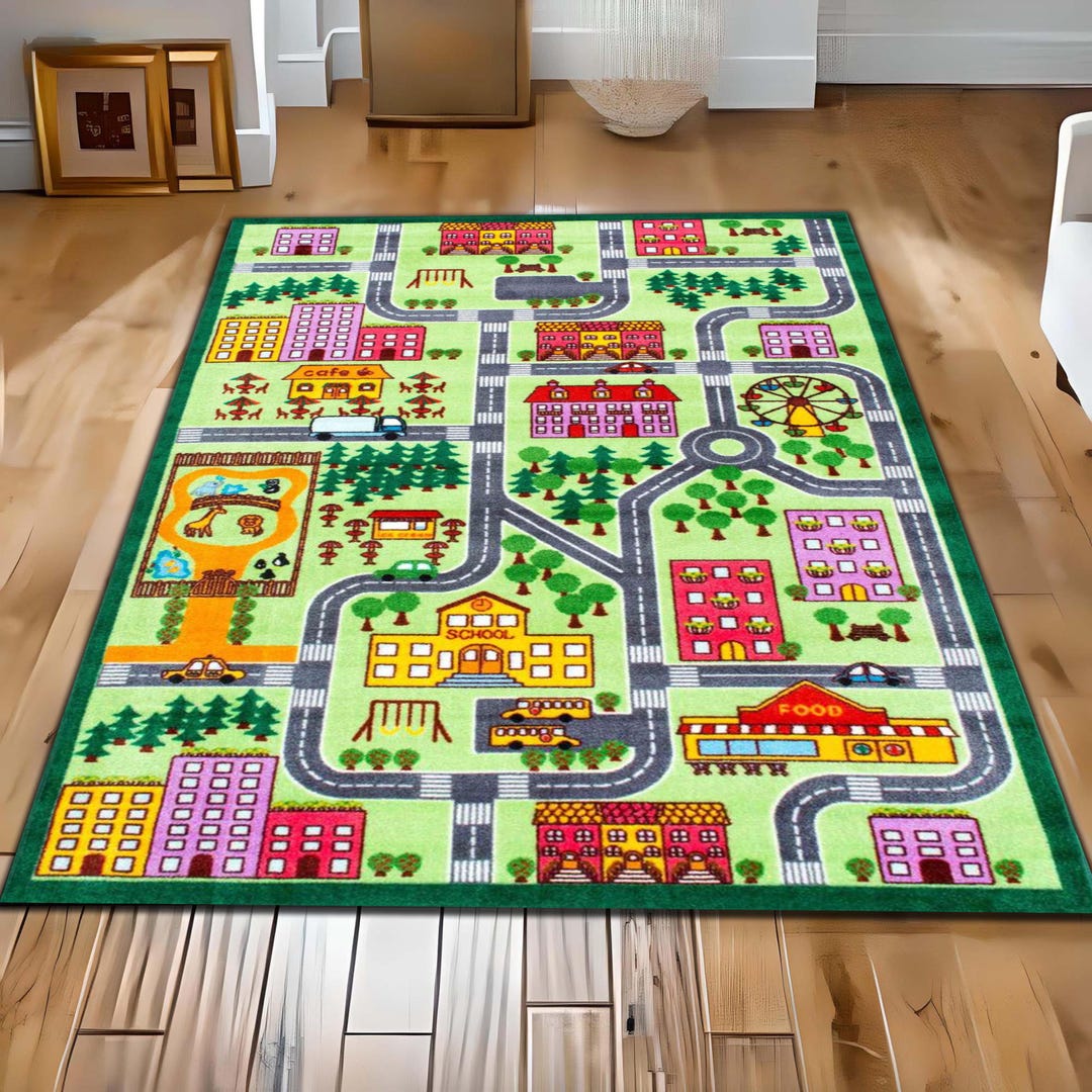 Kids Room Rug, Colorful City Map Play Rug, Kids With Roads Buildings ...