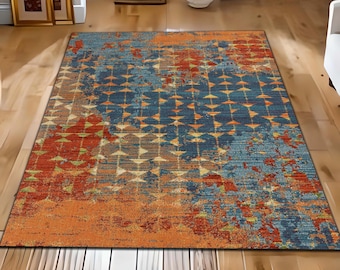 Abstract Area Rug, Blue Orange Modern Carpet, Living Room Decor, Distressed Pattern Boho Floor Mat, Bedroom Accent Decor