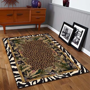Leopard Print Jungle Rug: Washable Non Slip Animal Print Carpet with Zebra Border Tropical Leaves, Safari Style Home Decor