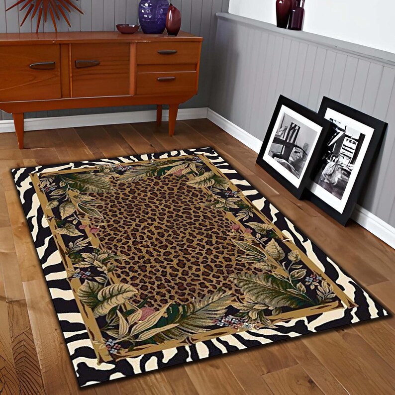 Leopard Print Jungle Rug: Washable Non Slip Animal Print Carpet with Zebra Border Tropical Leaves, Safari Style Home Decor