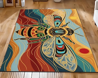 Colorful Bee Area Rug, Boho Insect Floor Carpet, Artistic Nature Rug, Modern Eclectic Living Room Decor Rug