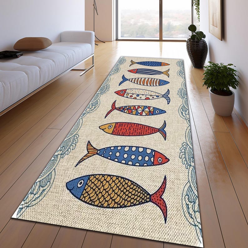 Colorful Fish Runner Rug, Coastal Nautical Kitchen Hallway Carpet, Non ...