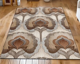 Retro Geometric Area Rug, Mid Century Modern Carpet, Beige Brown Floral Pattern Rug, Vintage Living Room Decor Rug