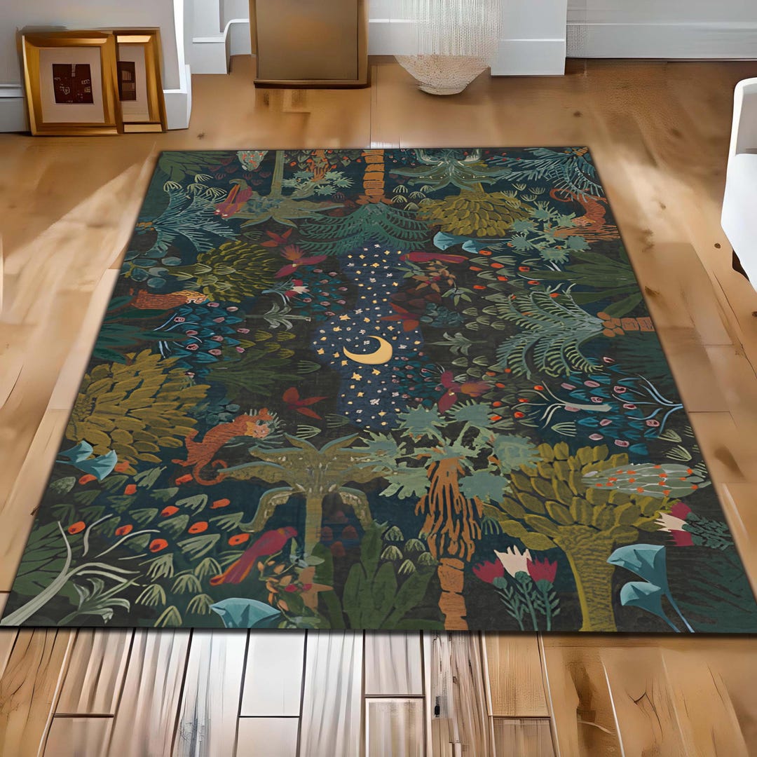 Enchanted Rug Enchanted Midnight Jungle Forest Rug, Moon Stars Rug, Tropical Animals ...