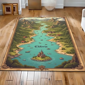 May include: A rectangular rug with a map design featuring a winding river, mountains, and a castle on an island. The rug has a beige background with a brown border and the word "Eldoria" printed in the center.