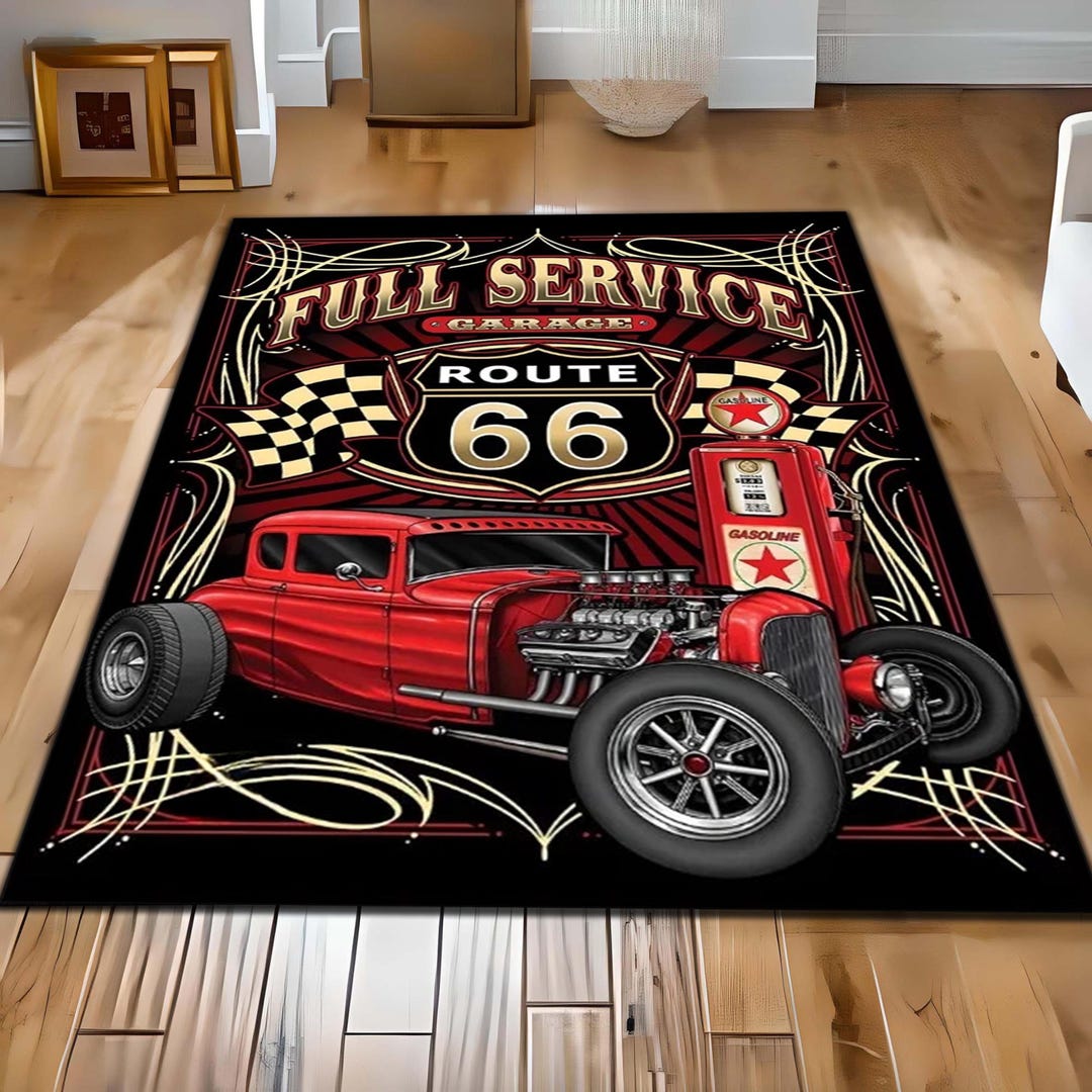 Shell Garage Rug Route 66 Hot Rod Area Rug, Vintage Garage Car Carpet Retro Gas Station ...