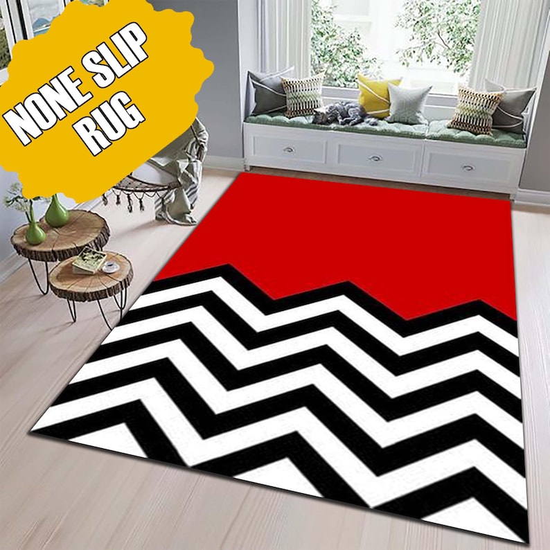 Twin Peaks Rug, Twin Peaks Inspired Chevron Rug, Black White Red Zigzag ...