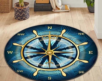 Nautical Compass Round Rug, Ocean Coastal Decor Carpet, Maritime Navy Style Area Rug, Beach House Decor
