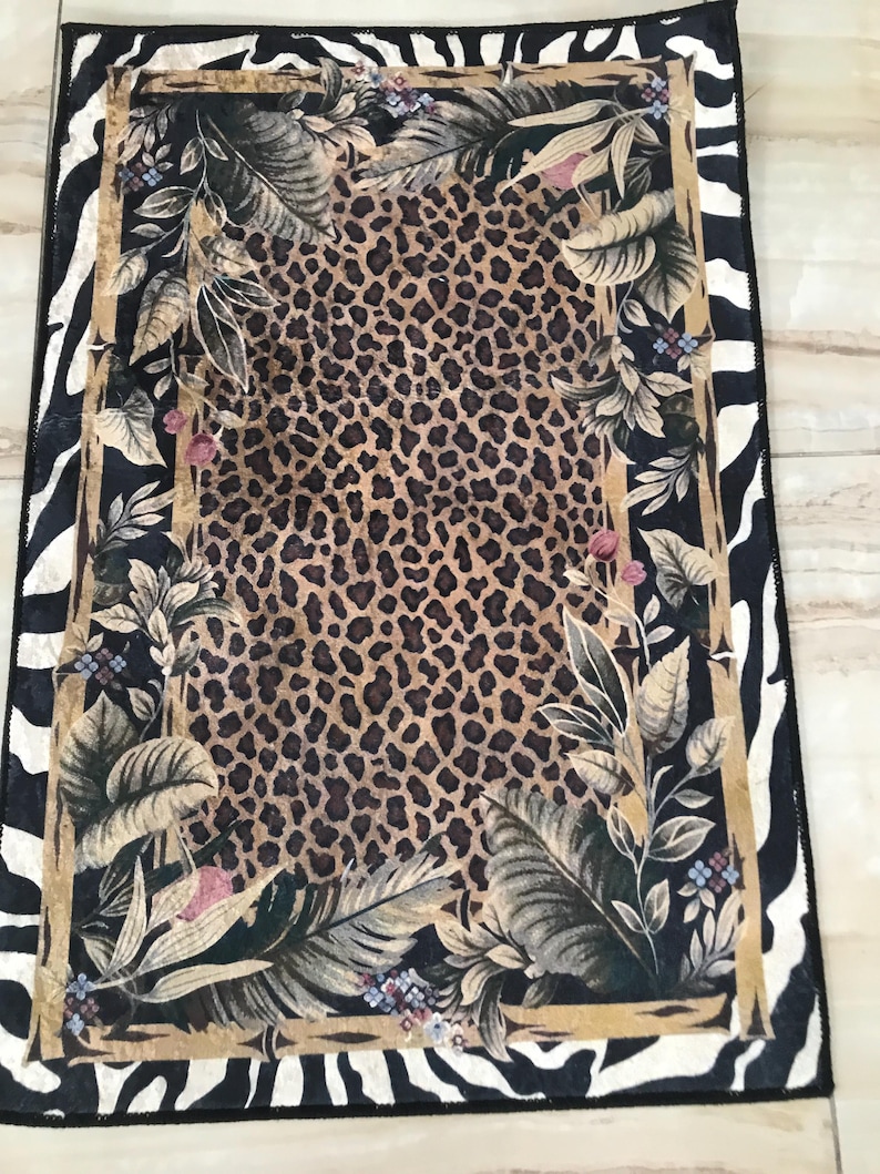Leopard Print Jungle Rug: Washable Non Slip Animal Print Carpet with Zebra Border Tropical Leaves, Safari Style Home Decor image 10