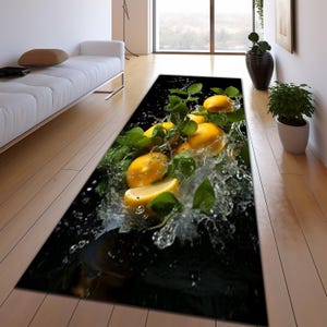 Kitchen Rug, Lemon Rug, Fresh Lemon Splash Runner Rug, Modern Kitchen Floor Mat, Citrus Fruit Water Rug, Refreshing Rug, Vibrant Non Slip