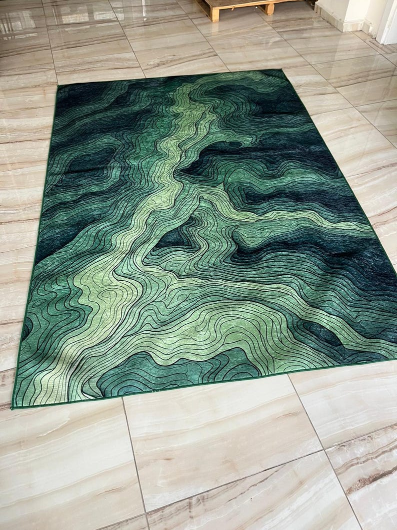 Green Topographic Area Rug: Modern Abstract Floor Carpet, Moos Rug ...