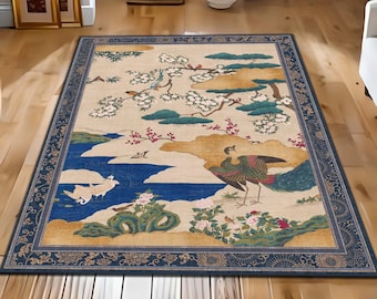 Asian Landscape Area Rug, Japanese Style Peacock Carpet, Oriental Floral Nature Rug, Elegant Blue Living Room Decor Rug