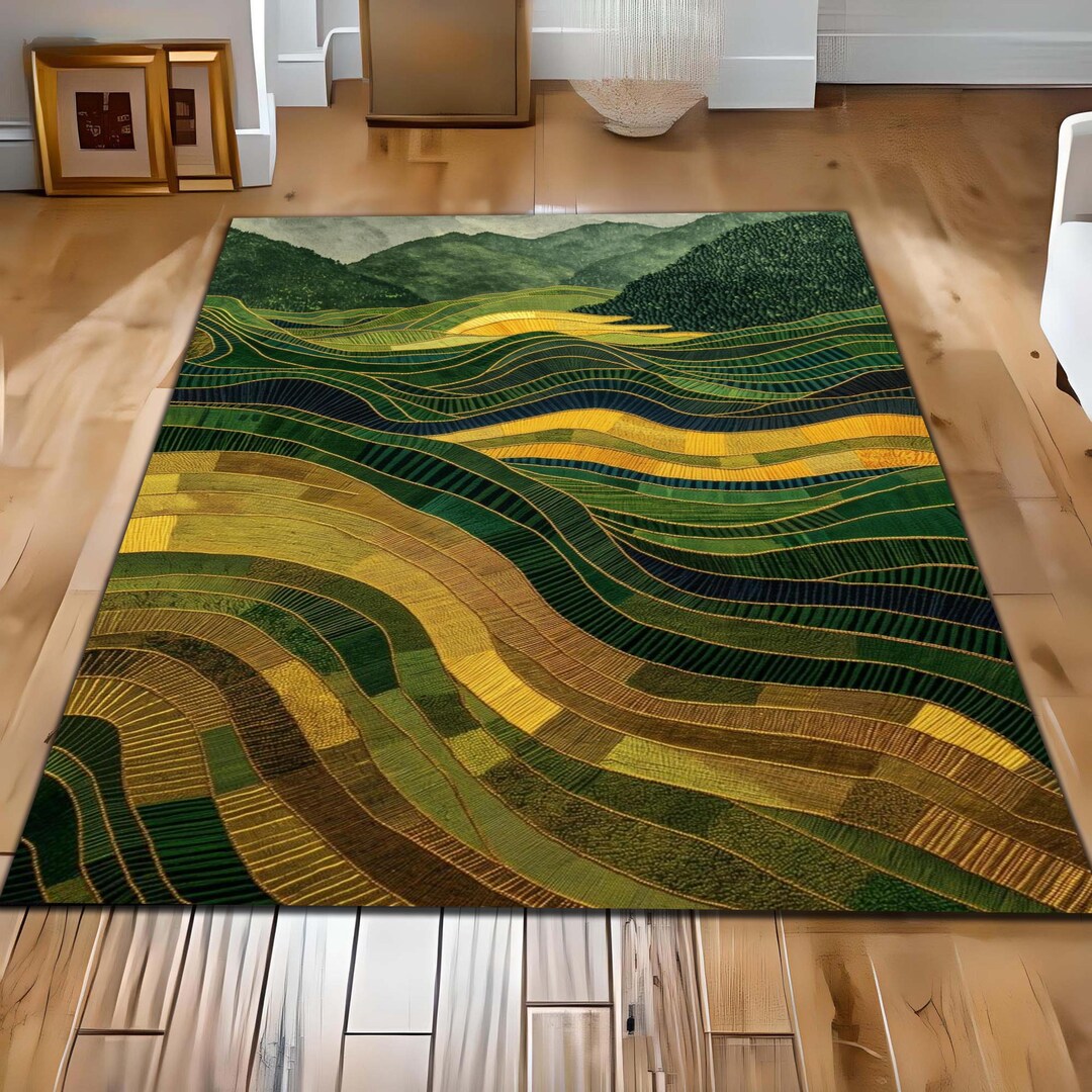 Natural Rug, Terraced Rice Field Landscape Area Rug, Brown Stripes Rug ...