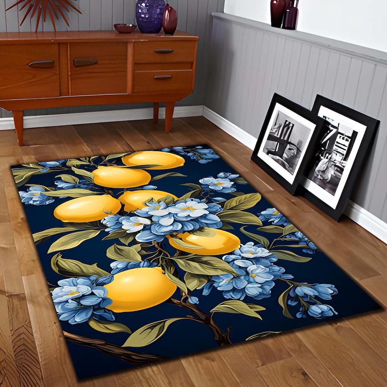 Lemon Rug, Lemon Blossom Rug, 3D Printed Rug, Lemon Tree Rug, Lemon Pattern Rug, Kitchen Rug, Custom Gift Rug, Indoor Rug, Floor Rug, Area
