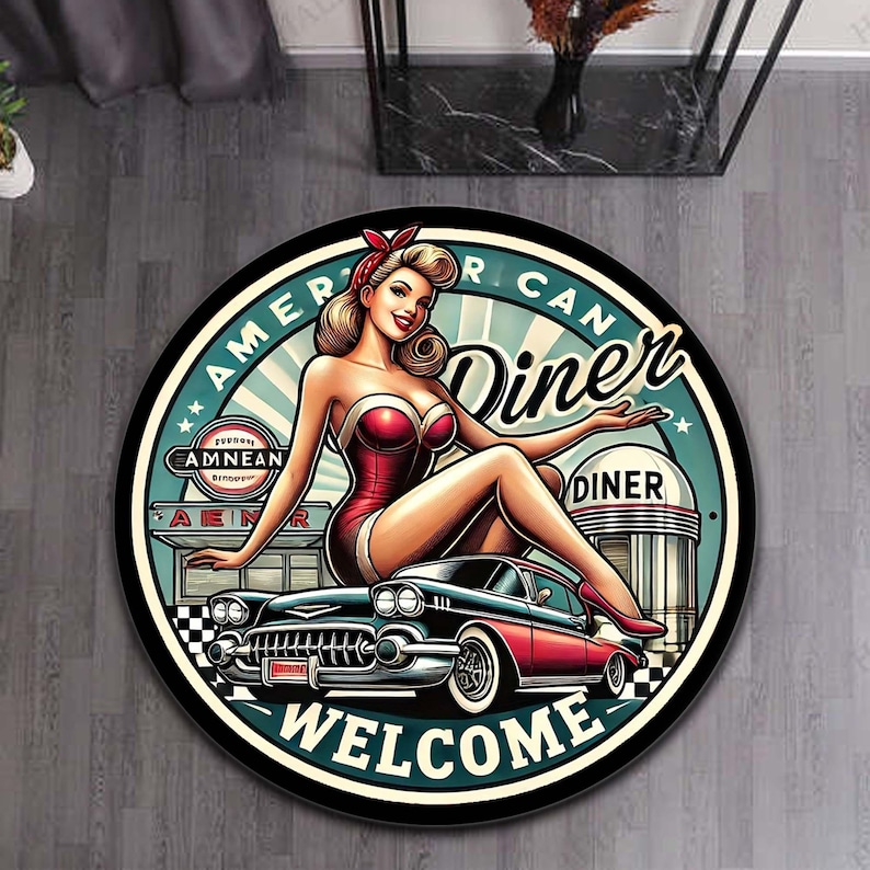 Retro Pin up Round Rug, American Diner Vintage Car Mat 50s Rockabilly ...