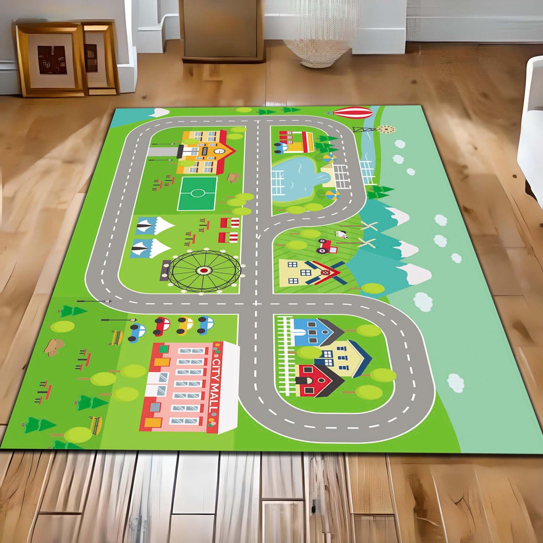 Kids City Play Mat Road Rug, Buildings Park and Vehicles Rug, Colorful ...