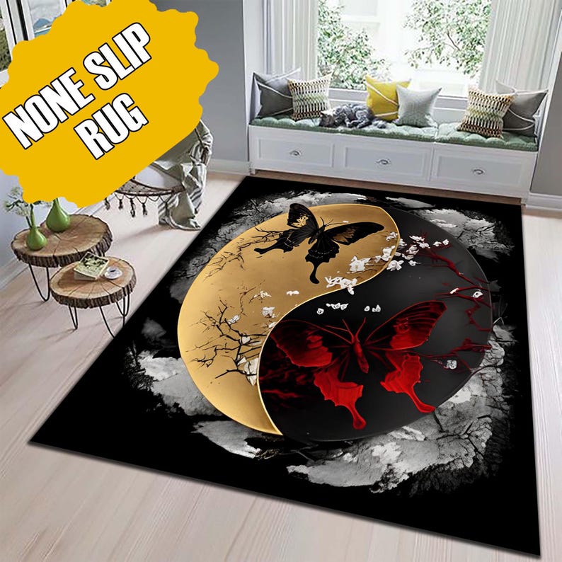 Yin Yang Rug, Butterfly Rug, Spiritual Rug, Modern Area Rug, Gold and Black Rug, Zen Rug, Abstract Pattern Rug, Minimalist Rug, Red and Black Rug, Nature-Inspired Rug.