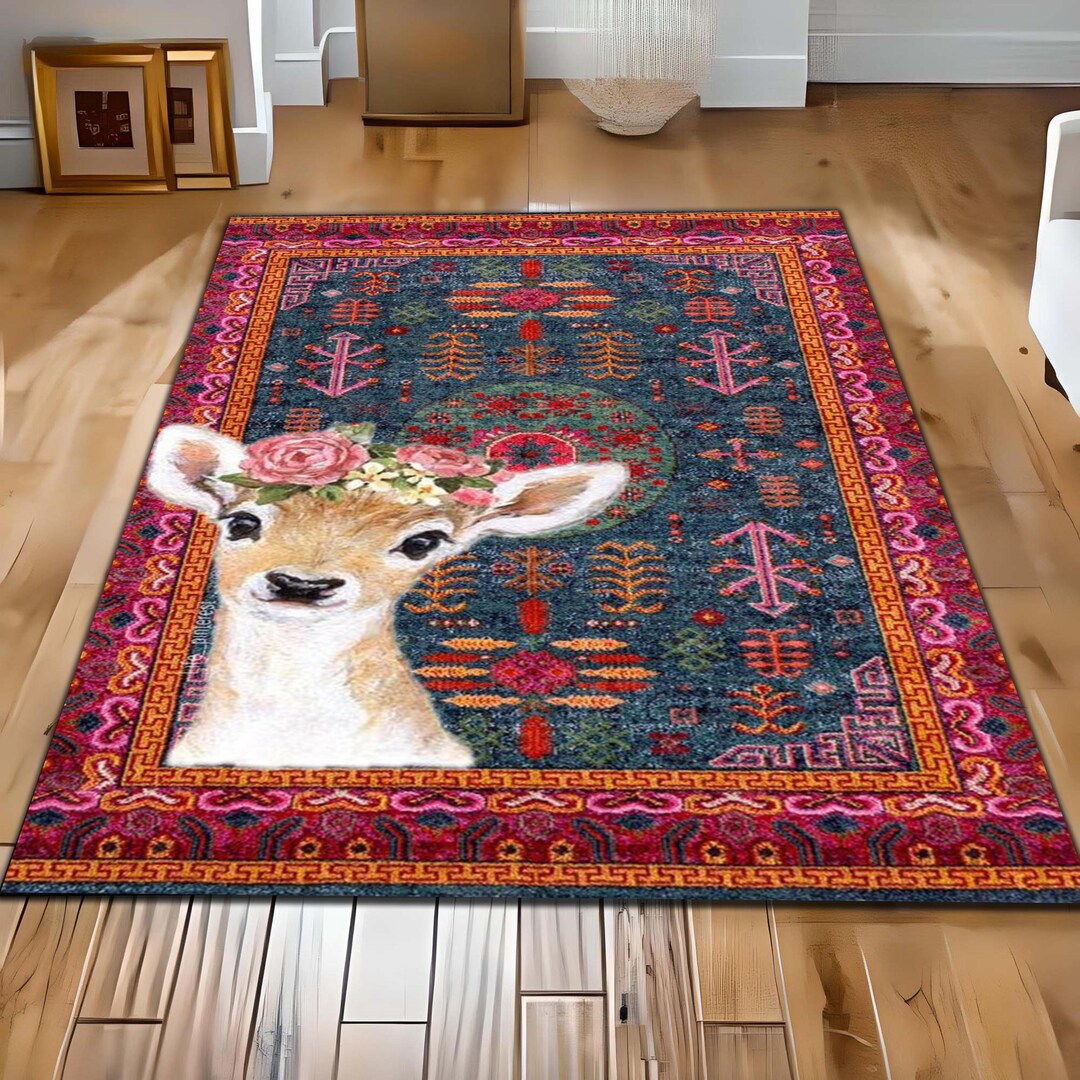 Dee Rugs Boho Deer Rug With Floral Crown Mat: Colorful Kids Room Carpet ...