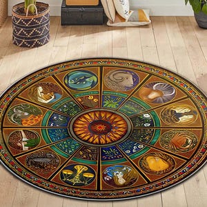 Pode incluir: Um tapete redondo e colorido com um design de roda zodiacal. O tapete apresenta um sol central rodeado por doze símbolos do zodíaco. O tapete é feito de um material macio e durável e é perfeito para adicionar um toque de fantasia a qualquer cômodo.