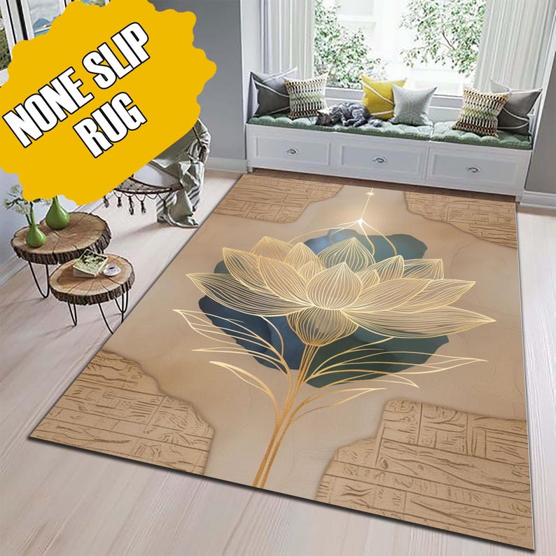 Modern Rug Lotus Rug Minimalist Lotus Flower Area Rug, Washable Non Slip Zen Boho Meditation ...