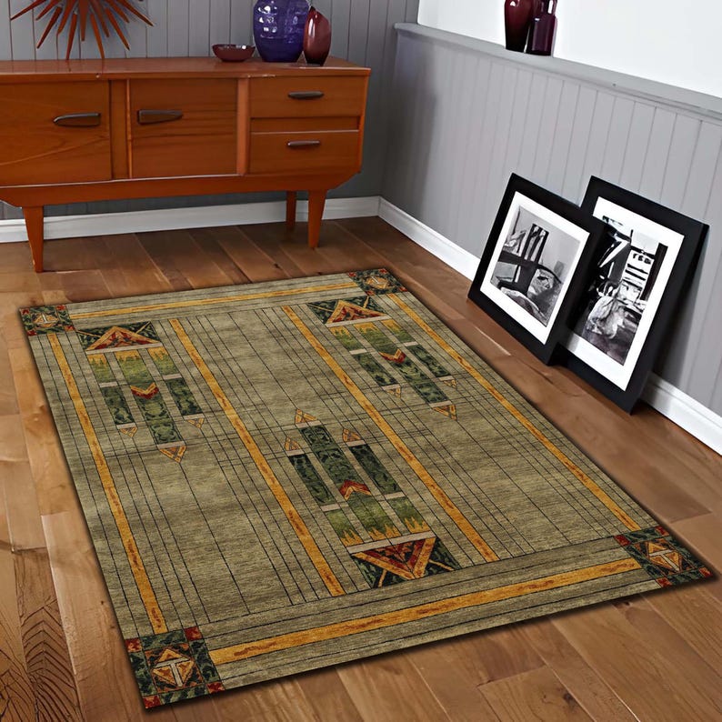 Art Deco Geometric Area Rug, Vintage Prairie Style Carpet, Earth Tone ...