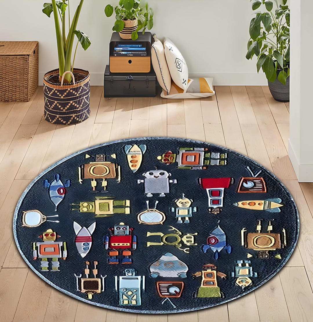 Kids Room Rug, Retro Robot Round Rug, Sci Fi Space Themed Rug, Cute ...