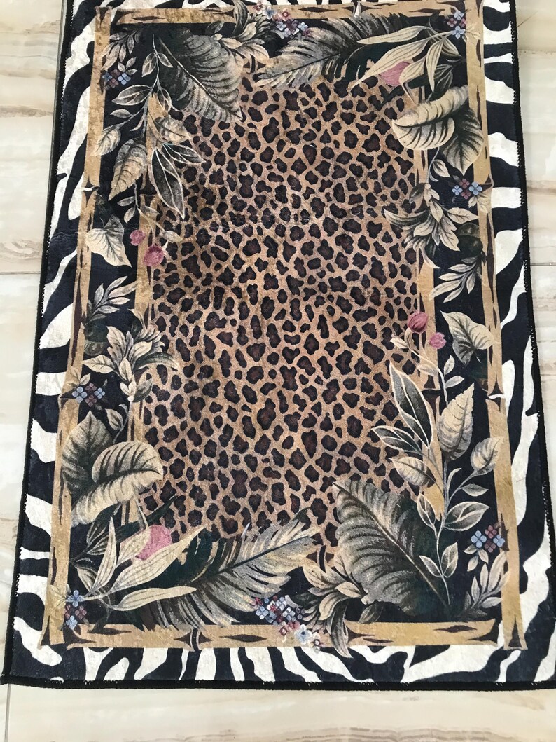 Leopard Print Jungle Rug: Washable Non Slip Animal Print Carpet with Zebra Border Tropical Leaves, Safari Style Home Decor image 17