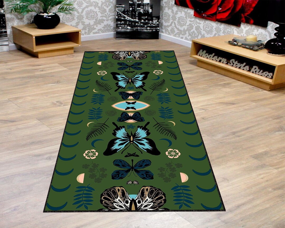 Butterfly Decor Rug, Kitchen Butterfly Rug, Emerald Decor Rug, Blue