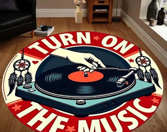 Vinyl Record Rug, Retro Turntable Round Rug, Music Lover Room Decor Carpet Turn On The Music Design