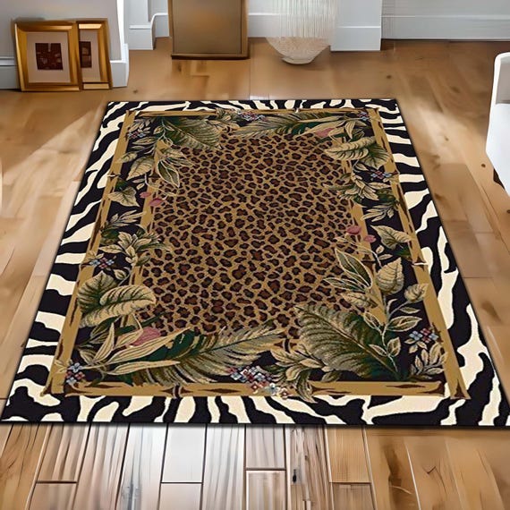 Leopard Print Jungle Rug: Washable Non Slip Animal Print Carpet with Zebra Border Tropical Leaves, Safari Style Home Decor