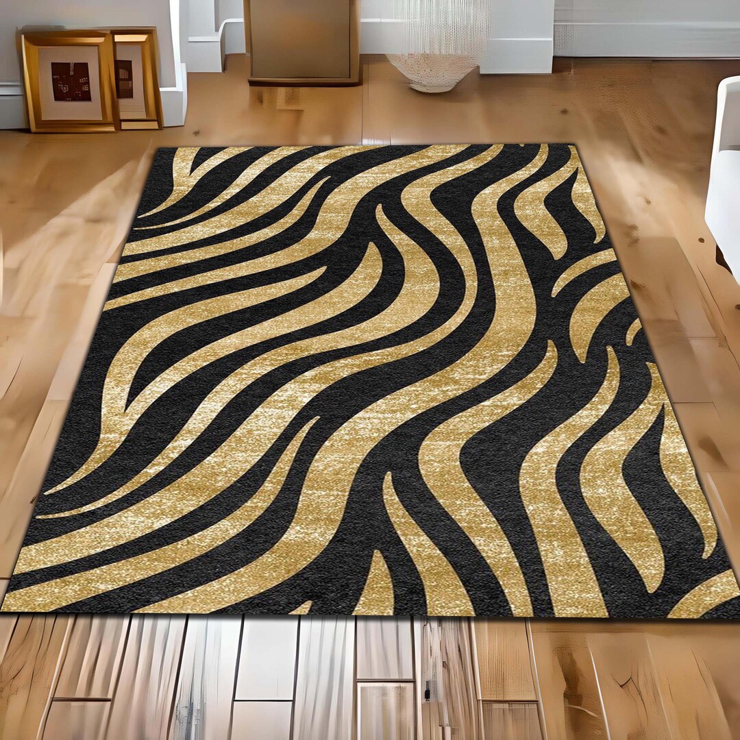 Touchdown Rugs Modern Zebra Print Area Rug, Black and Gold Striped Carpet, Living Room ...