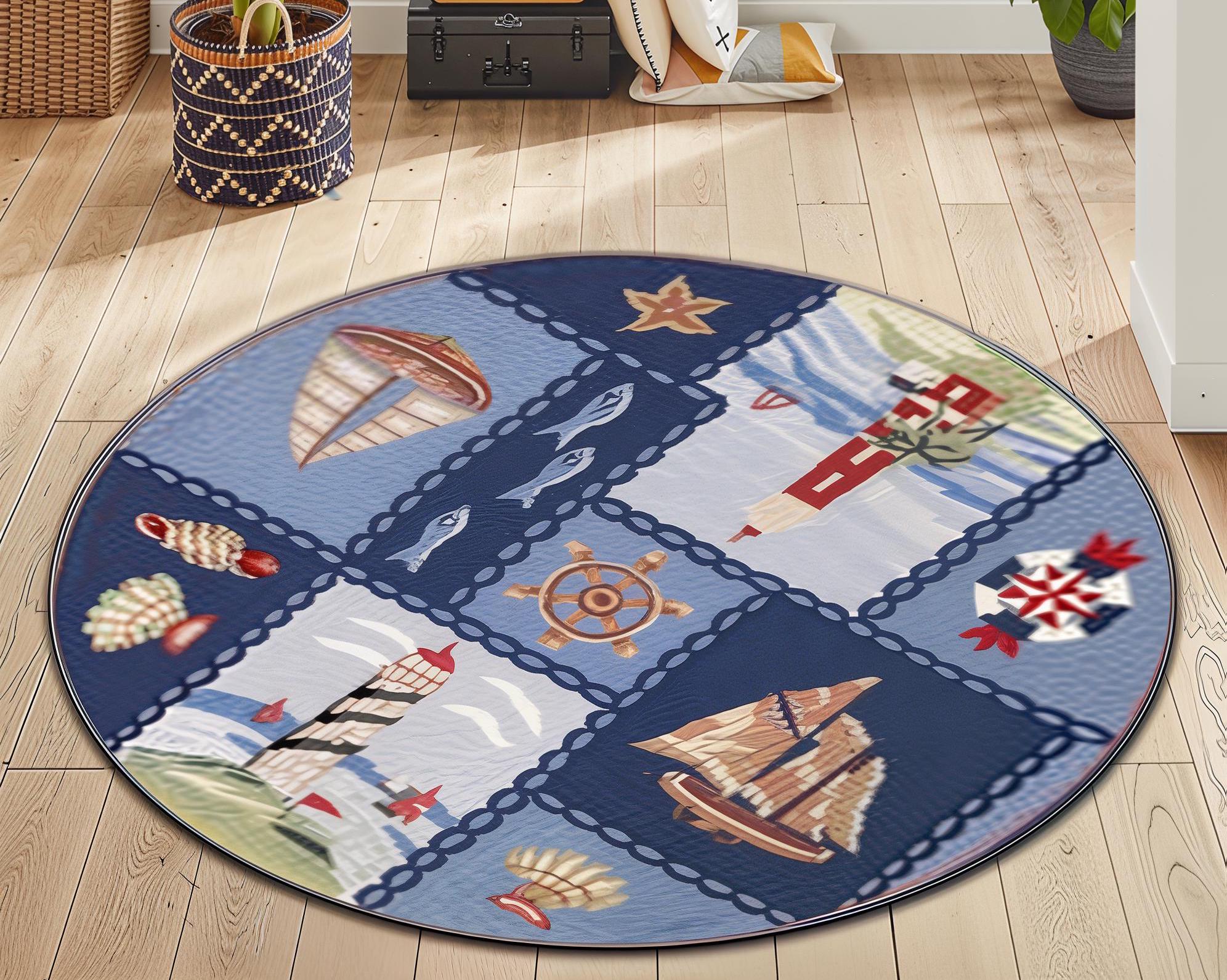 Sea Life Rug, Lighthouse Sailboat Ocean Decor Rug, Beach House Maritime ...