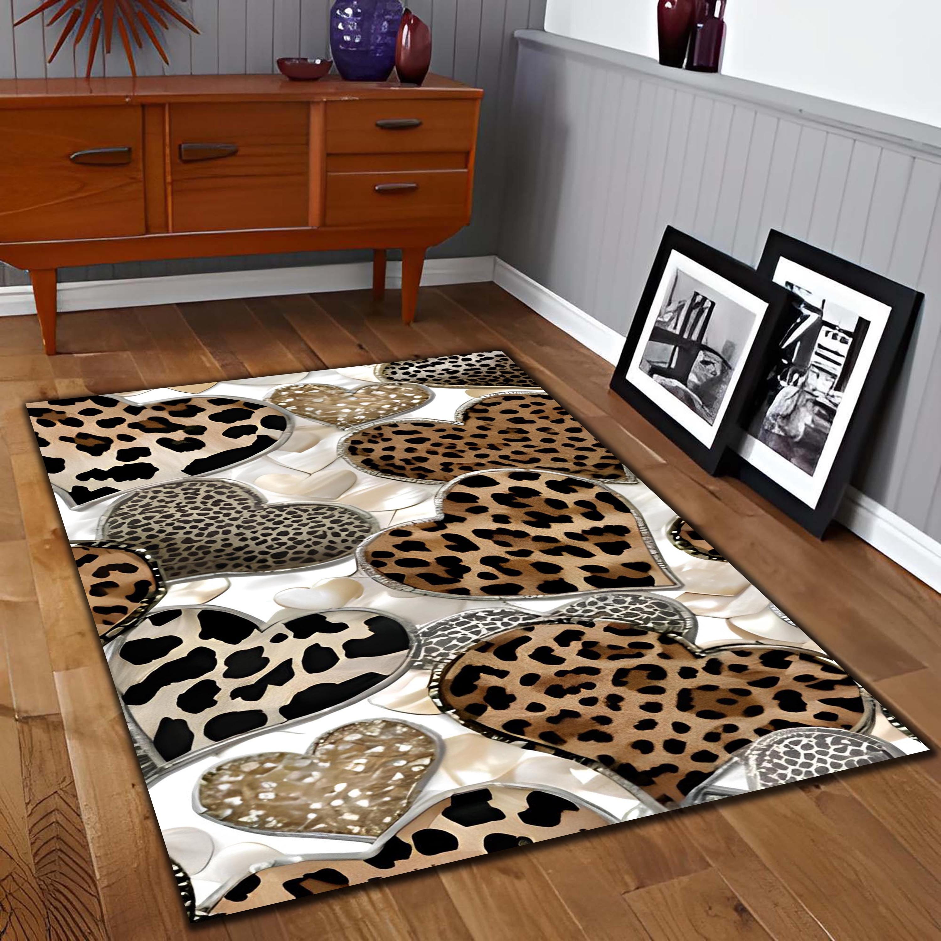 Heart Leopard Print Rug: Animal Pattern Home Decor, Washable Non Slip ...
