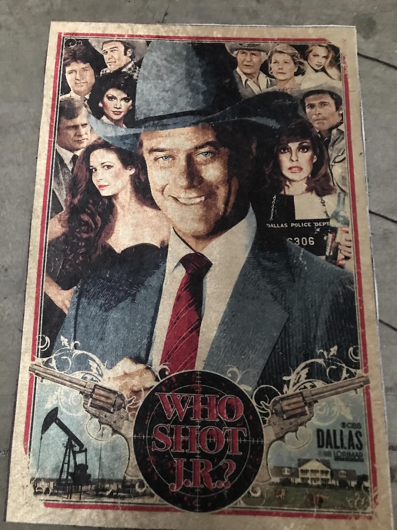 May include: A vintage poster with the text "WHO SHOT JR?" in a circular design, featuring actors and a distressed aesthetic. The poster includes images of oil derricks, guns, and the CBS Dallas logo.