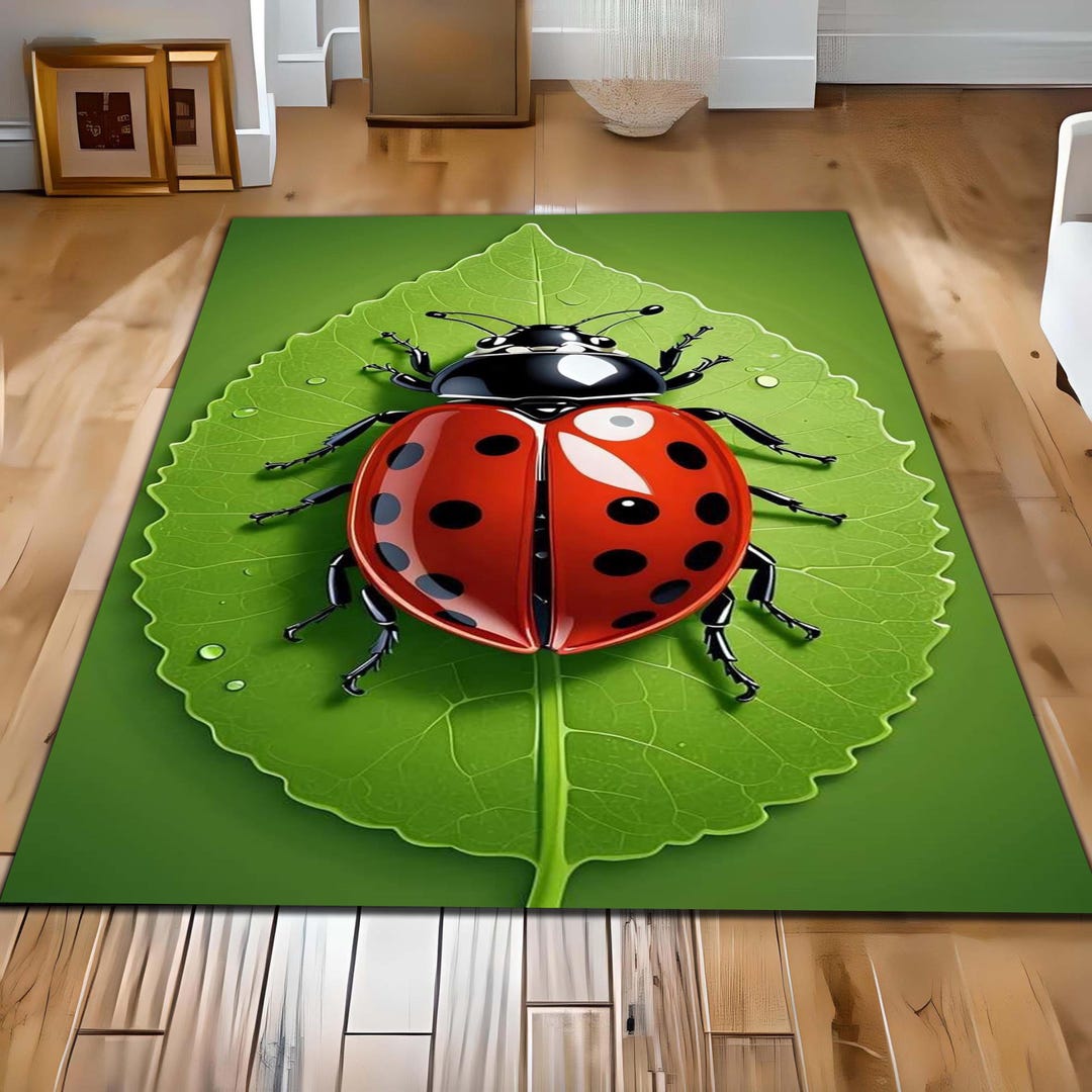 Ladybug Area Rug With Green Leaf Design, Cute Nature Inspired Washable ...