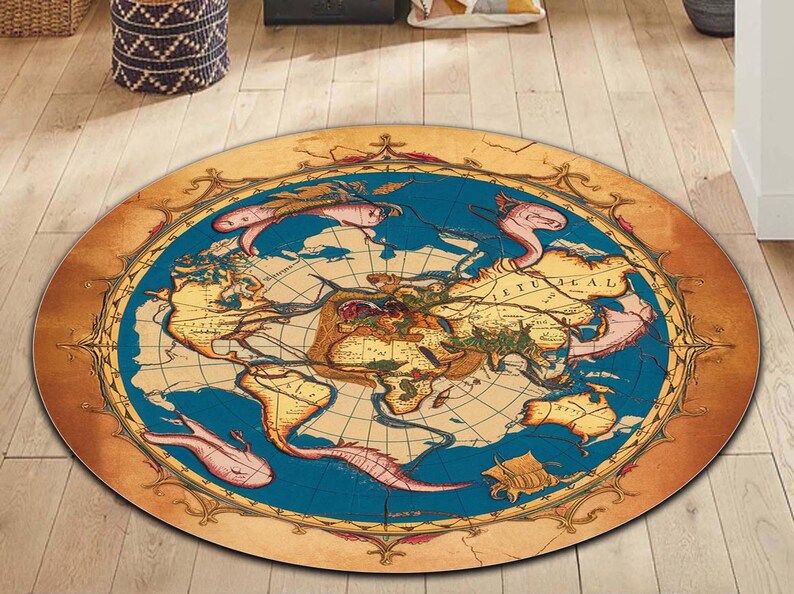 World Explorer Rug Vintage World Map Round Rug, Antique Nautical Rug, Old World Globe ...