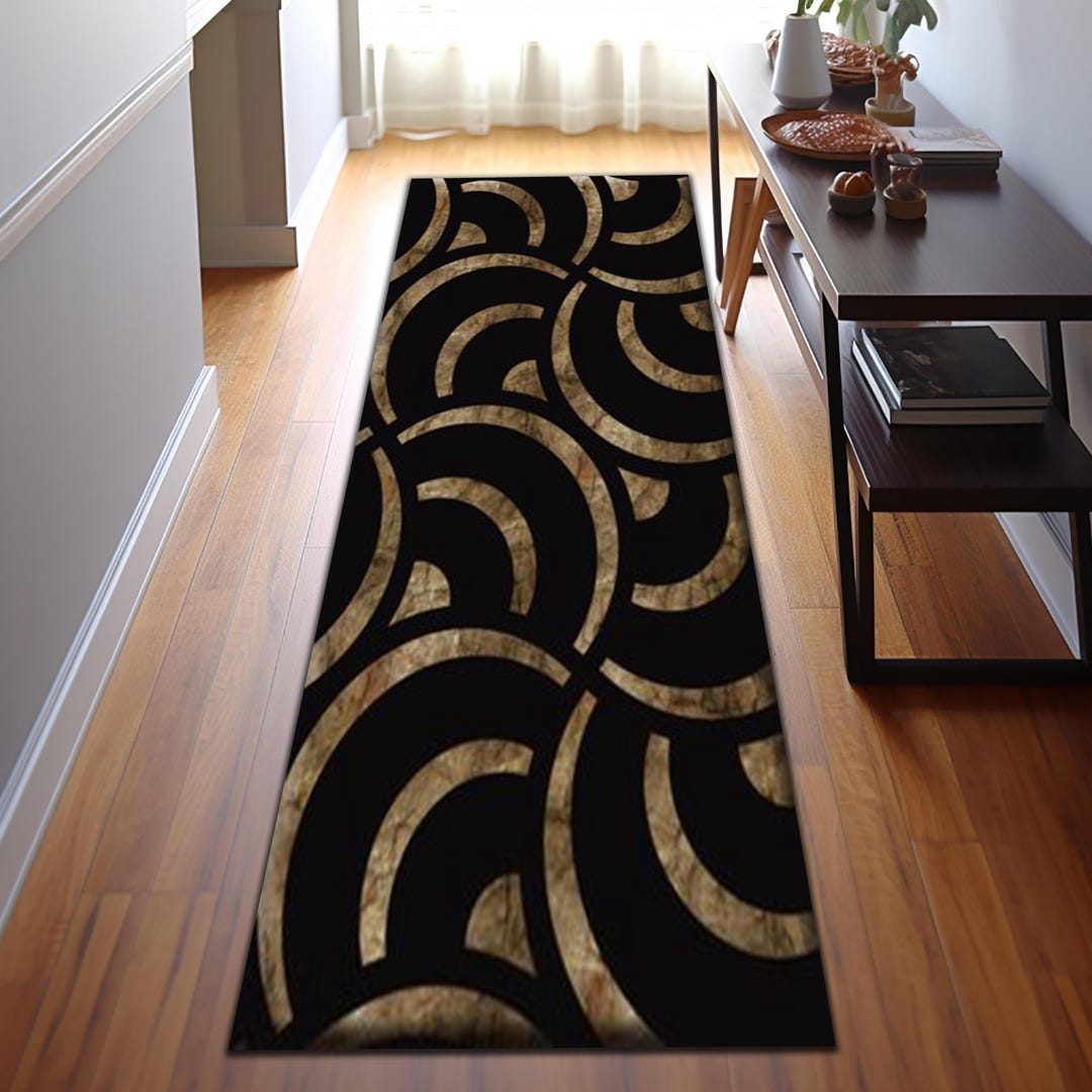Marble Runner Rug, Luxury Black Gold Runner Rug, Modern Geometric ...