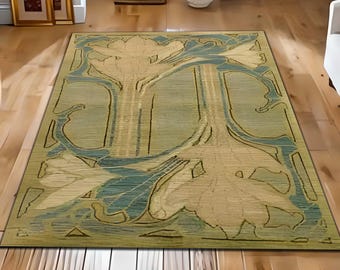 Art Nouveau Floral Area Rug, Vintage Botanical Carpet, Elegant Nature Inspired Living Room Decorative Floor Rug, Machine Washable