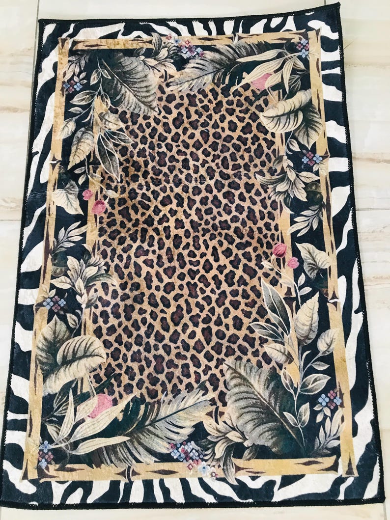 Leopard Print Jungle Rug: Washable Non Slip Animal Print Carpet with Zebra Border Tropical Leaves, Safari Style Home Decor image 18