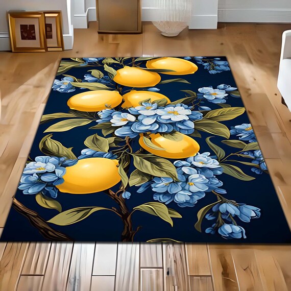 Lemon Rug, Lemon Blossom Rug, 3D Printed Rug, Lemon Tree Rug, Lemon Pattern Rug, Kitchen Rug