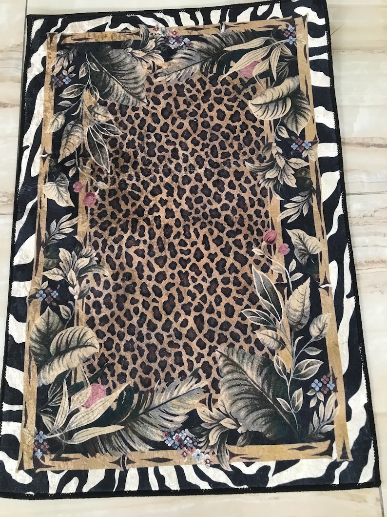 Leopard Print Jungle Rug: Washable Non Slip Animal Print Carpet with Zebra Border Tropical Leaves, Safari Style Home Decor image 4