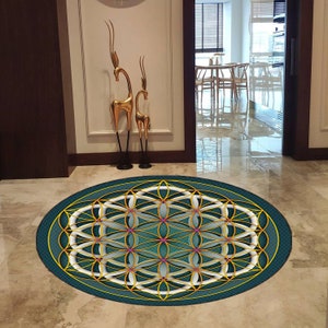 The Flower of Life Rug Navy Flower Of Life, Red Flower Rug, Gold Flower Rug, Emerald Flower Rug, Round Rug, Circle Rug, Bathmat Rug, Rugs