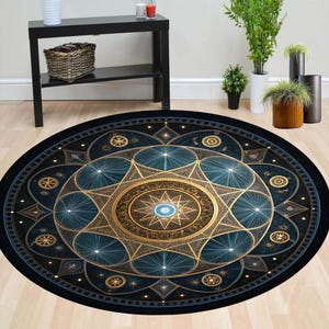 Pode incluir: Um tapete redondo com um design celestial detalhado. O tapete apresenta um fundo azul escuro com padrões geométricos dourados e verde-azulado, incluindo um motivo central de estrela e motivos circulares externos. O tapete está sobre um chão de madeira clara.
