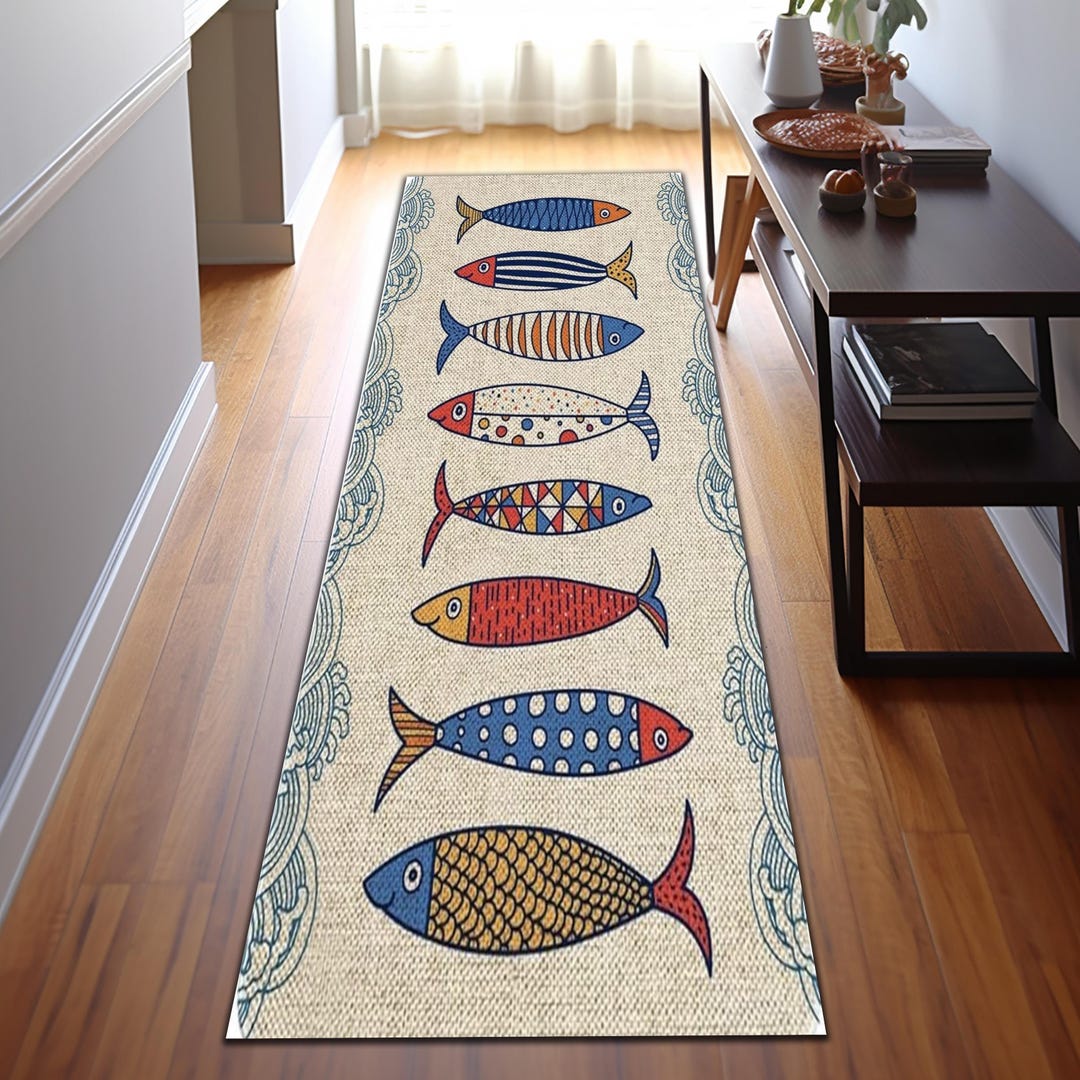 Colorful Fish Runner Rug, Coastal Nautical Kitchen Hallway Carpet, Non ...
