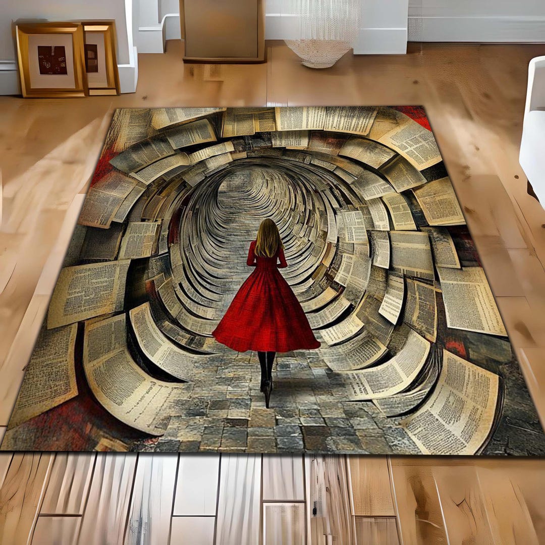 Literary Rug Surreal Book Tunnel Rug, Girl Red Dress Carpet, Fantasy Library Area ...