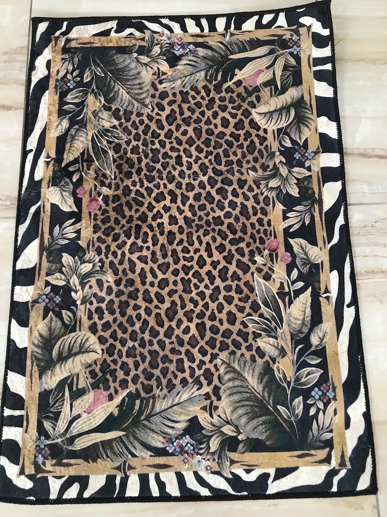 Leopard Print Jungle Rug: Washable Non Slip Animal Print Carpet with Zebra Border Tropical Leaves, Safari Style Home Decor image 3