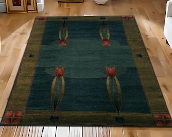 Arts and Crafts Area Rug, Mission Style Floral Carpet, Prairie School Tulip Rug, Vintage Botanical Living Room Floor Decor, Emerald