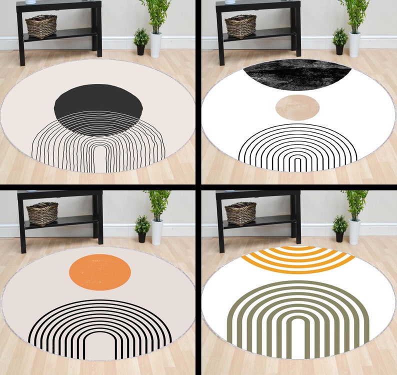 May include: Four round rugs with different geometric designs. The rugs feature a white background with black, brown, orange, and green geometric shapes. The rugs are perfect for adding a modern touch to any room.
