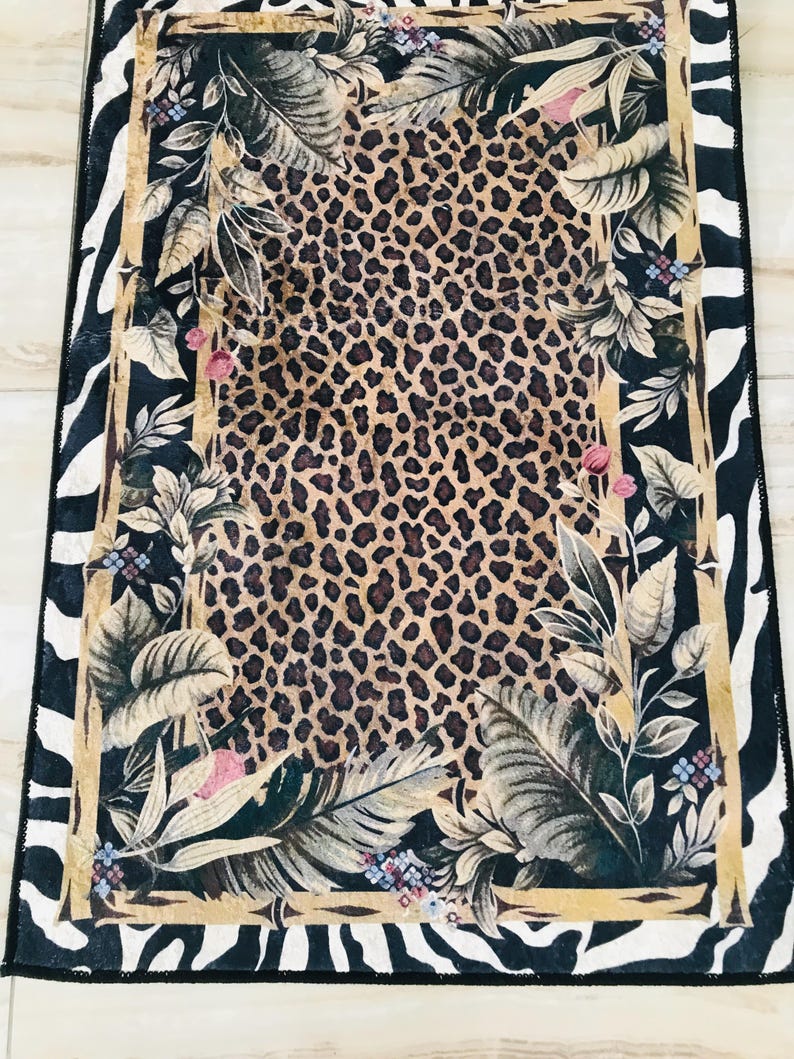 Leopard Print Jungle Rug: Washable Non Slip Animal Print Carpet with Zebra Border Tropical Leaves, Safari Style Home Decor image 19
